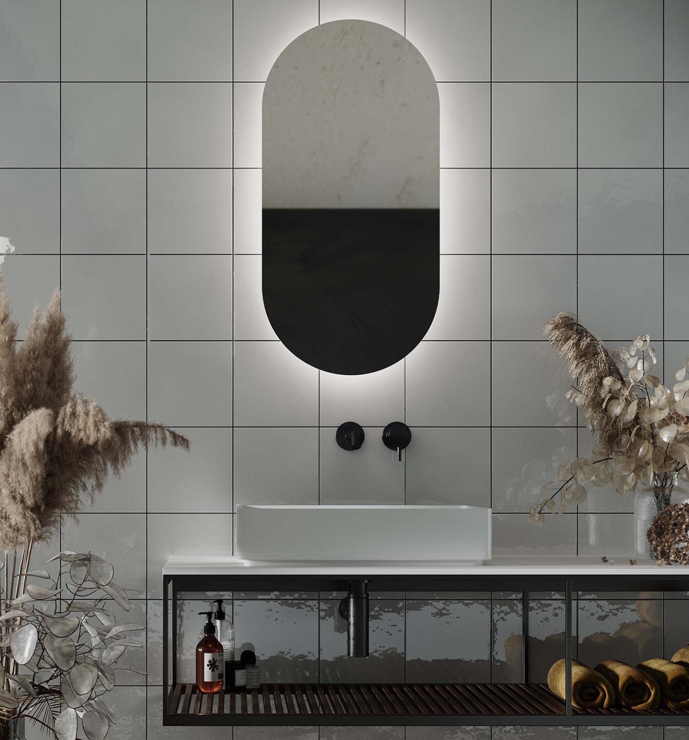 lustro owalne z podświetleniem w łazience w stylu boho