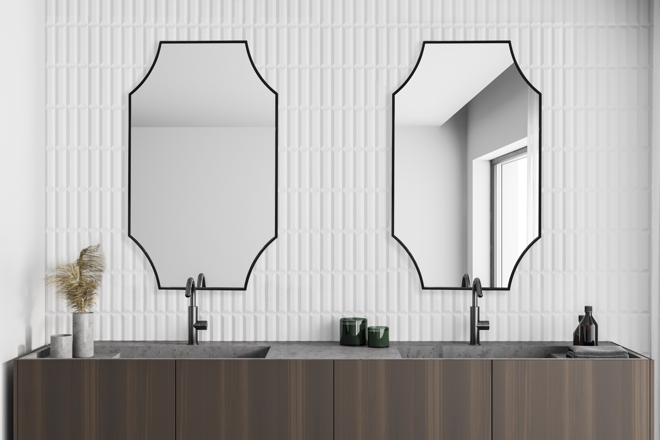 dwa lustra Flossy w czarnej ramie nad umywalkami