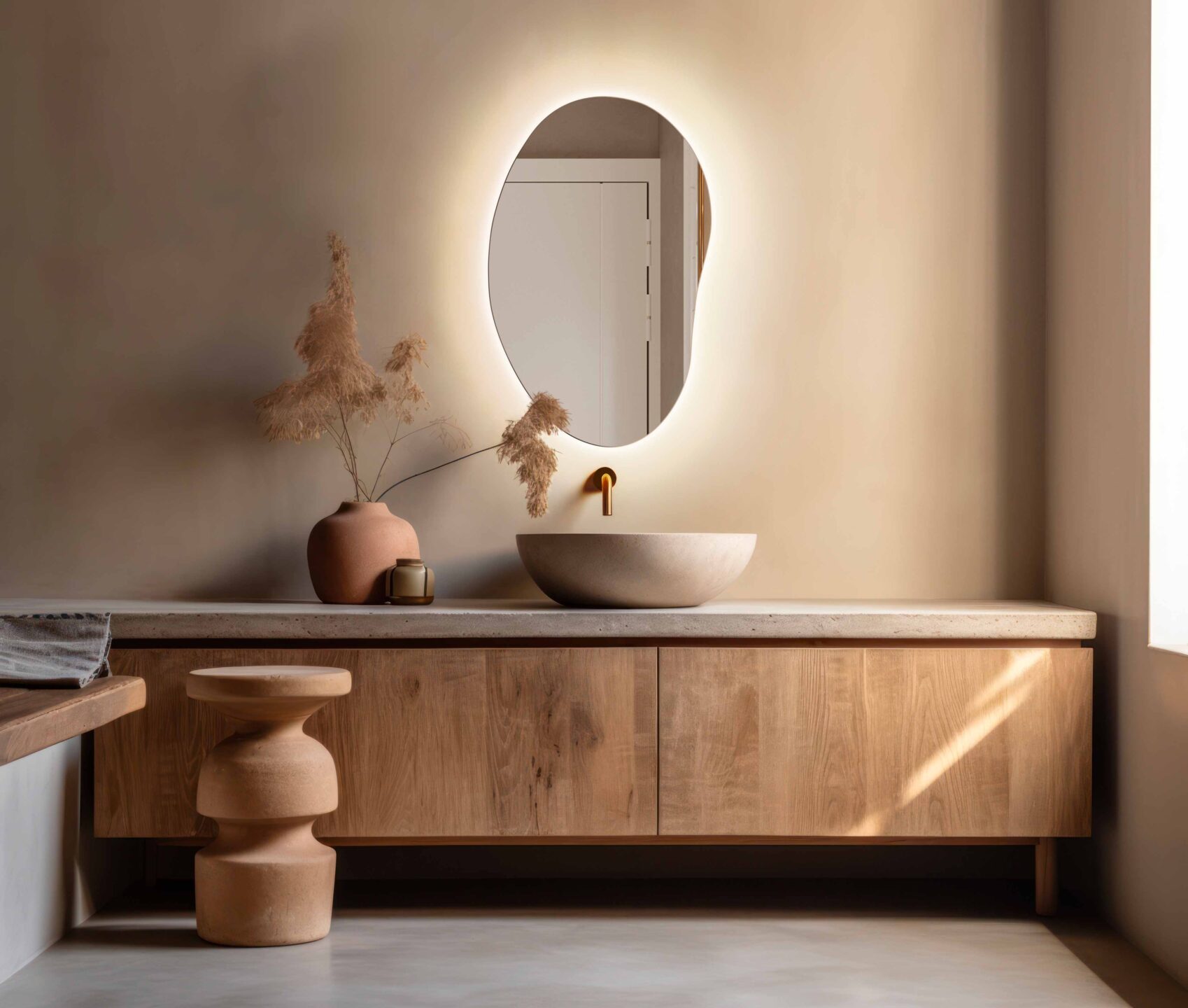 lustro organiczne Edvard Led w łazience w stylu japandi