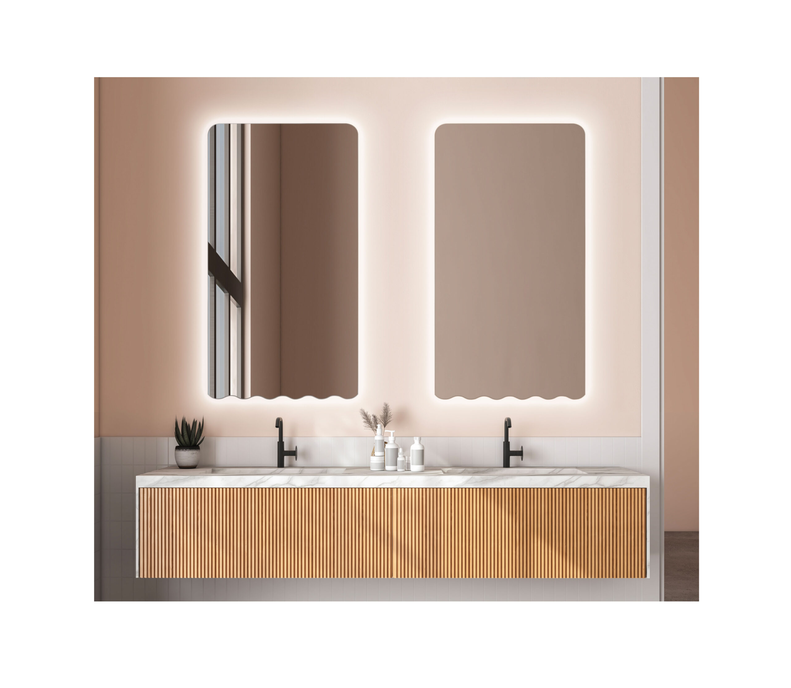 dwa lustra nad umywalką w różowej łazience