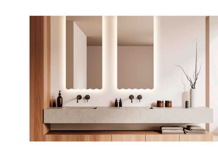 Cozy bathroom interior with washbasins and mirror, accessories on deck