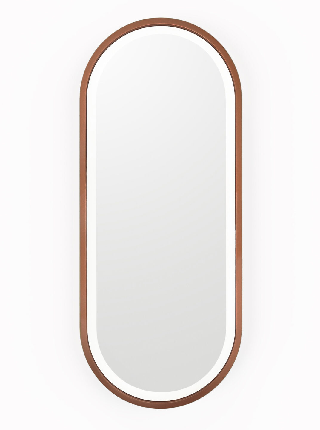 lustro oval vanity w miedzianej ramie na bialym tle