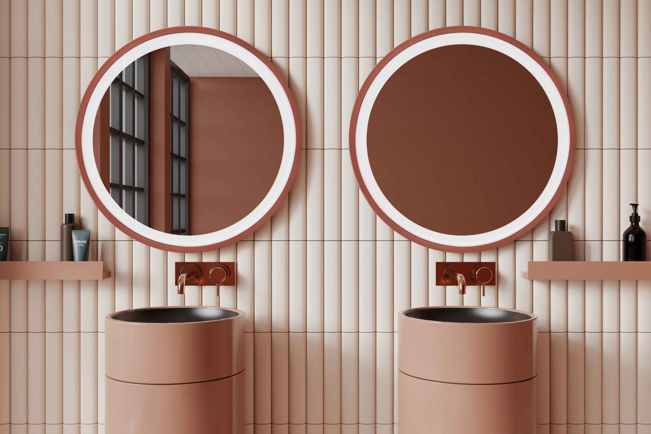 dwa lustra ring w miedzianej ramie nad okraglymi wolnostojacymi umywalkami