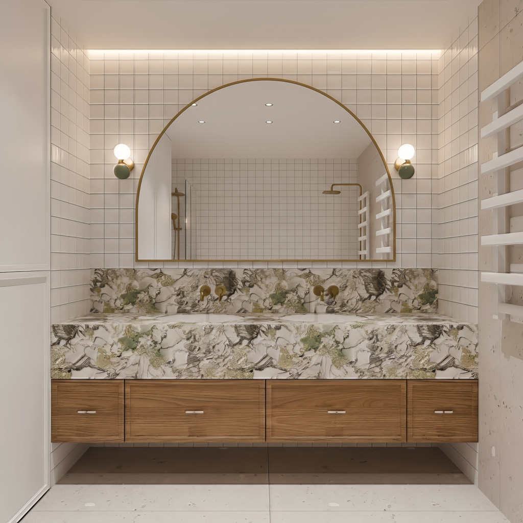 Lustro Archy Wide o półokrągłym kształcie, w wąskiej złotej ramie w odcieniu Dark Gold, zawieszone na ścianie – elegancki detal pasujący do klasycznych i retro wnętrz