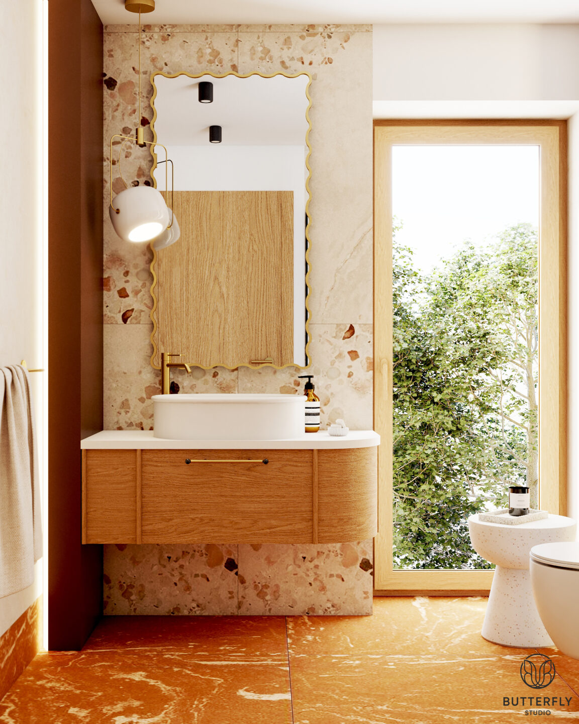 Terakoty, bieli i brąz w łazience zaprojektowanej przez Butterfly Studio
