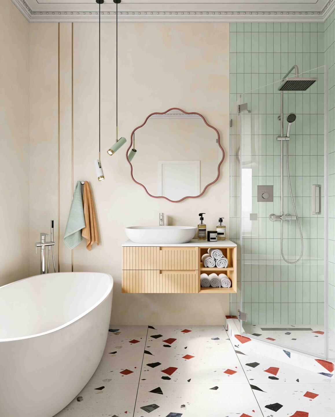 Okrągłe lustro Ribbon w falowanej, miedzianej ramie jako designerska dekoracja wnętrza