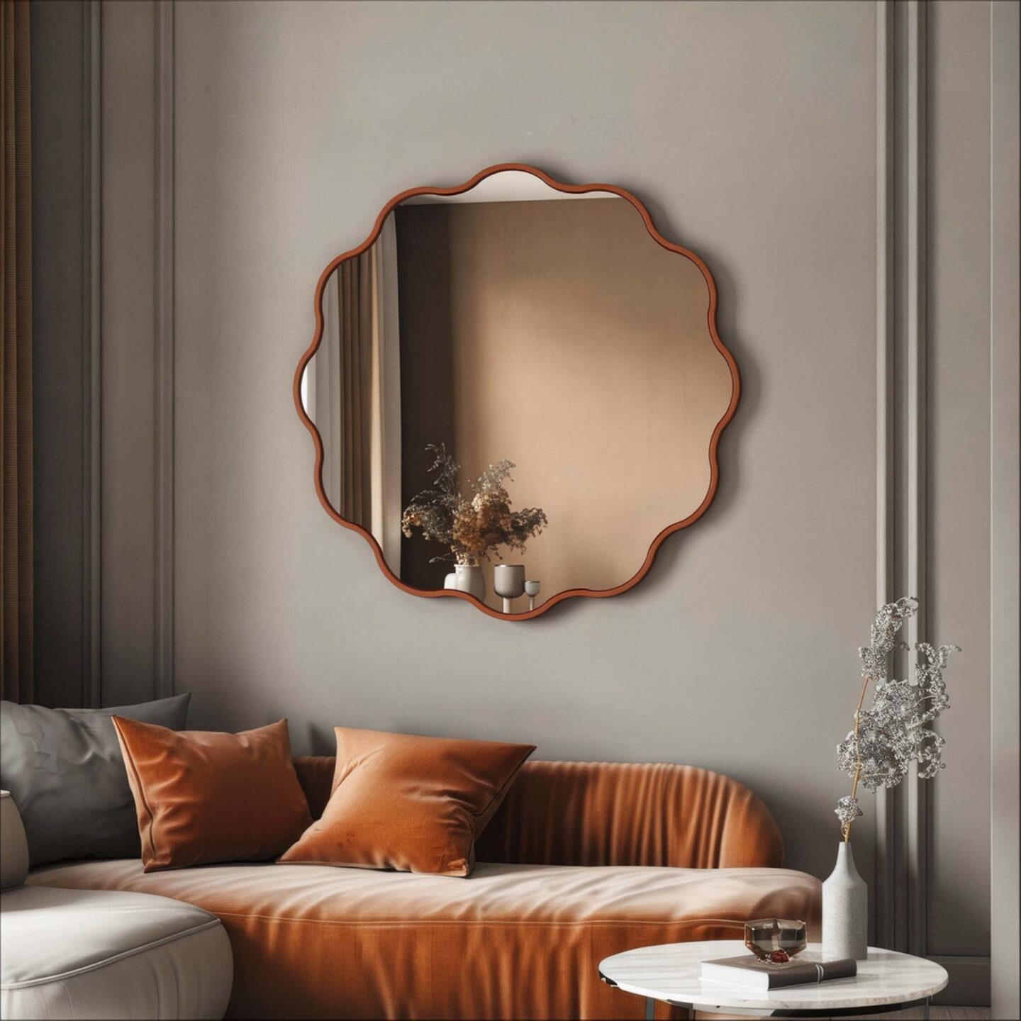 Nowoczesne okrągłe lustro o falowanej linii w aranżacji salonu