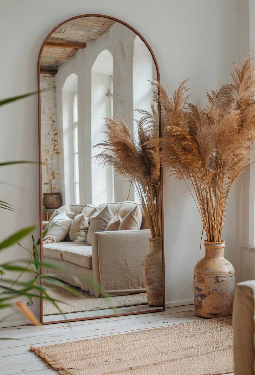 Minimalistyczne lustro arkadowe w miedzianym wykończeniu na ścianie
