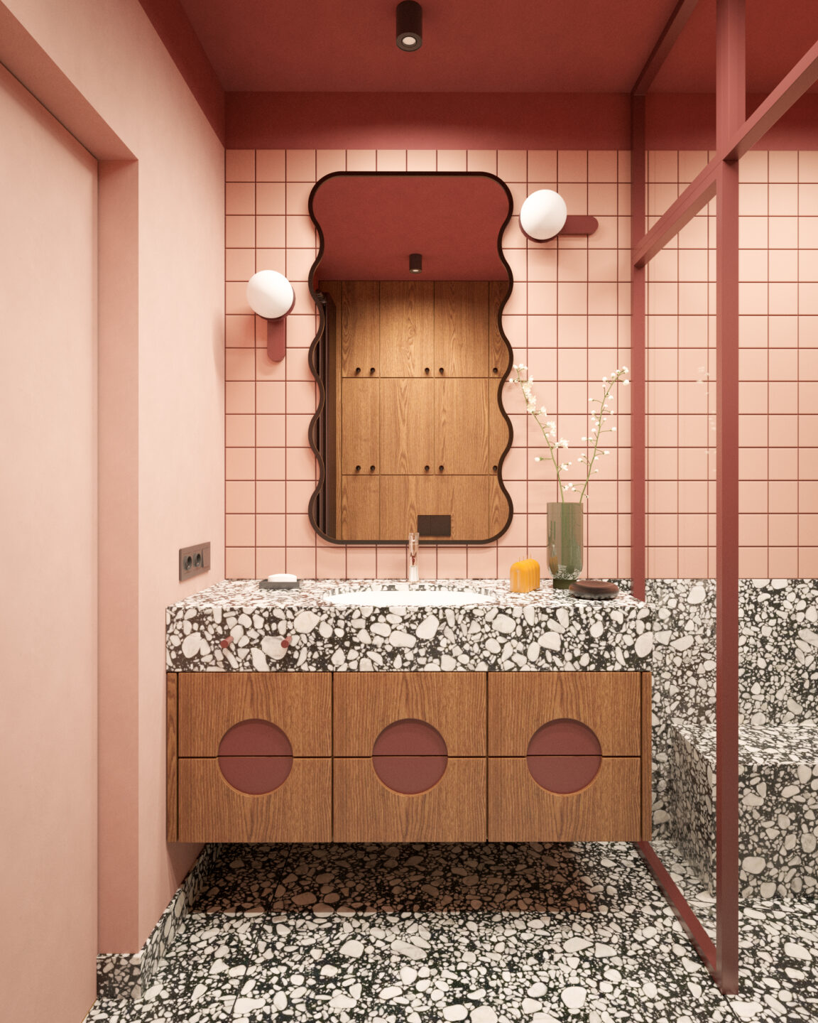 Łazienka w pudrowym różu projekt KONTRAFORMA