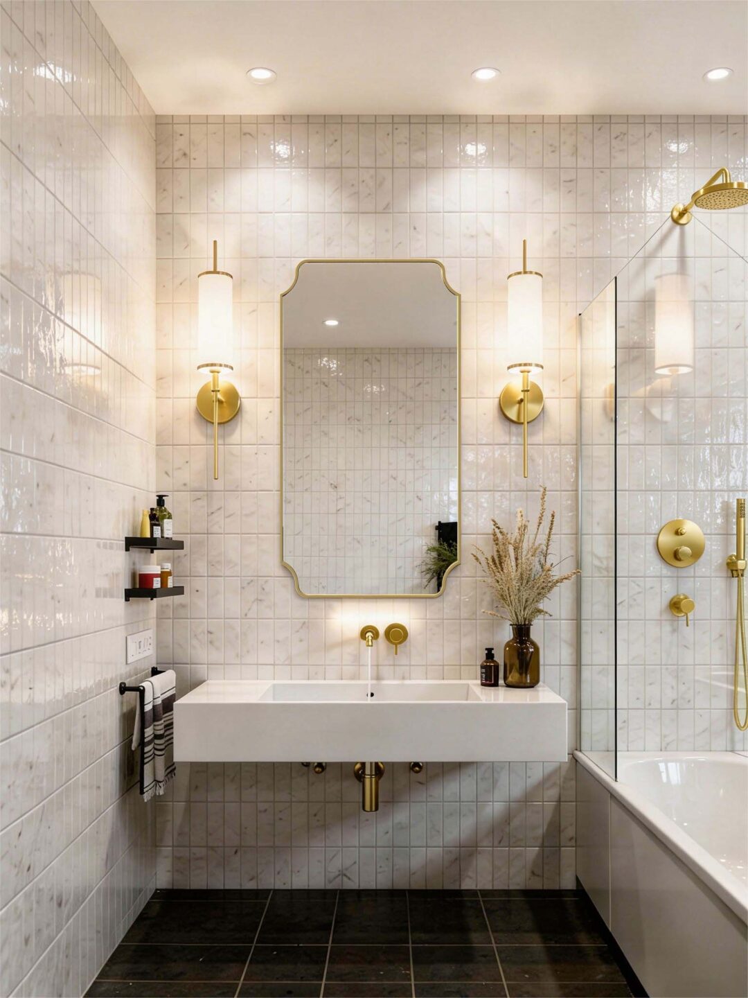 Lustro w złotej ramie Lady Capitale z ozdobnymi narożnikami w jasnej, eleganckiej łazience